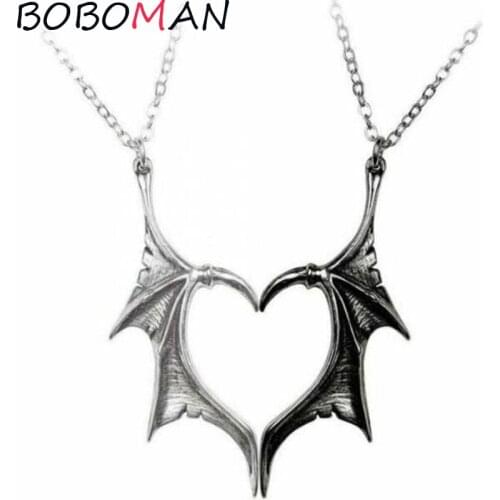 Personality Punk Heart Angel Demon Wing Pendant Necklace for Women Men Lovers Couples Vinatge Statement Link Rope Chain Jewelry