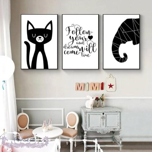 Simple Nordic Cartoon Animal Letter Pictures Cat Bear Elephant Giraffe Penguin Canvas Painting Wall Art Print Modular Poster