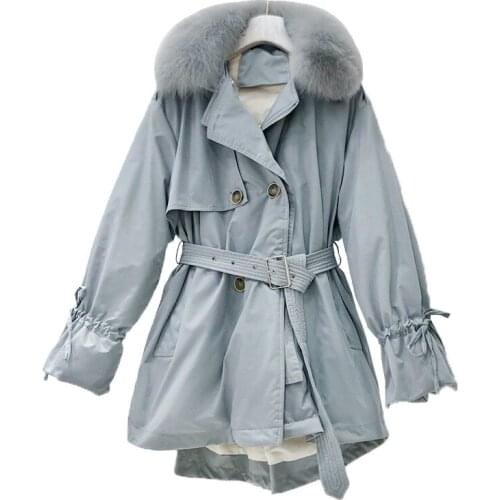 Parker down jacket 2020 autumn and winter white duck down mid-length real fox fur collar womens belt waist coat