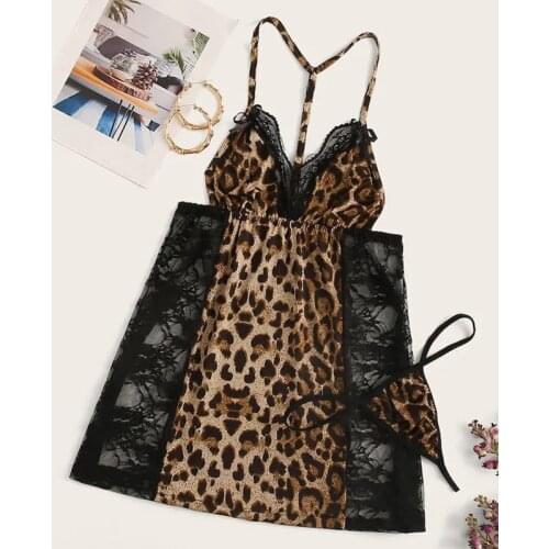Sexy Women Bra Set Leopard Print Lace Nightdress With Thong Leopard Backless Sexy Underwear Sleepwear Lingerie Wire Free Mujer