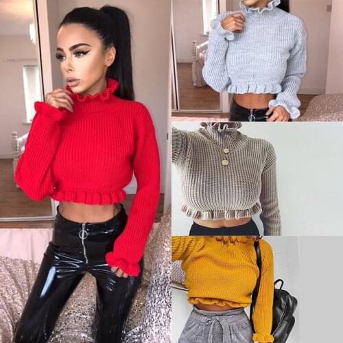 Autumn Winter Womens Ruffles Turtlenecks Sweaters Knitted Clothing Fashion Sexy Crop Butterfly Sleeve Sweater Pullover