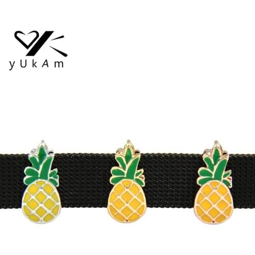 YUKAM Yellow Enamel Fruit Pineapple Ananas Slider Charms Keeper for Leather Wrap Mesh Keeper Bracelet Jewelry Accessories Making