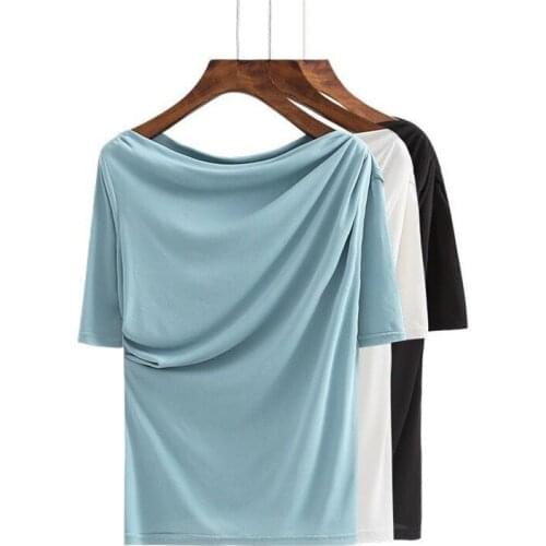 Women Basic Cotton Summer Shirt Half Sleeves Slash Neck Slim Shirt High Elasticity Breathable Female Top Plus Size M-7XL