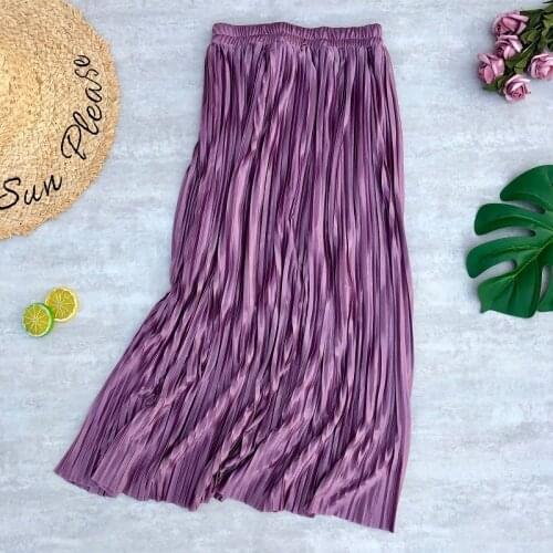 Women Midi Skirts Spring Summer Metallic Color Casual Daily Pleated Long Skirts Fashion Bling Bling Skirt For Women