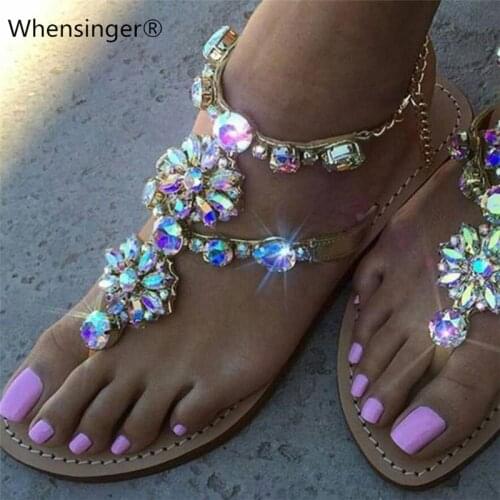2019 Woman Sandals Women Shoes Rhinestones Chains Thong Gladiator Flat Sandals Crystal Chaussure Plus Size 33-46 tenis feminino