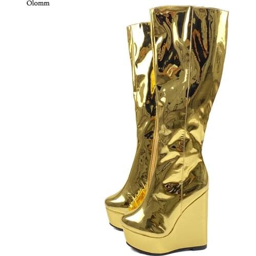 Olomm Handmade Women Winter Knee Boots Shiny Wedges Heel Round Toe Gorgeous Silver Gold Champagne Night Club Shoes US Size 5-20