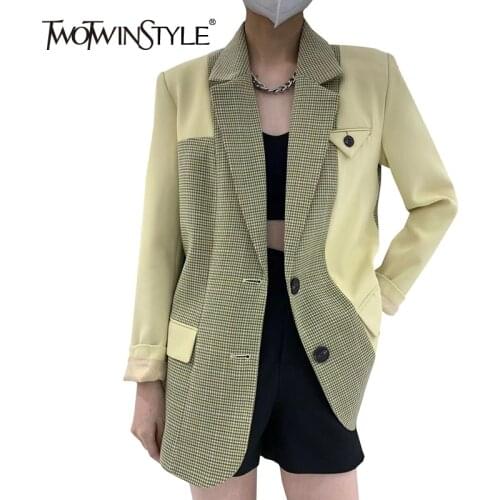 TWOTWINSTYLE Plaid Patchwork Blazer For Women Notched Long Sleeve Hit Color Casual Blazers Female Fashion New Clothing Spring