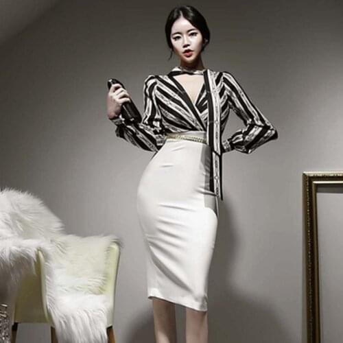 Women Temperament V-Neck Long Sleeve Printing Patchwork Dress Elegant Casual Lace-Up Slim Knee Length Bag Hip Dresses Spring