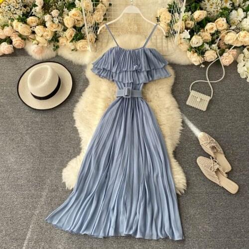 SINGRAIN Women Pleated Ruffle Dress Korean Backless Sashes A Line Long Dress Summer Solid Vacation Beach Strap Dress