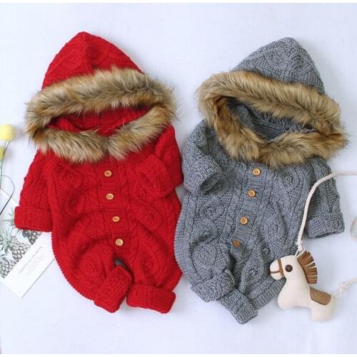 Winter Baby Boy Girl Sweater Hooded Knit Faux Fur Collar Warm Jumpsuit Clothes Newborn Jumpsuits Clothes winter Hoody Rompers