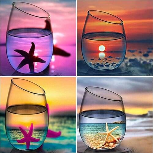 5D DIY Diamond Cup Landscape Pattern Cross Stitch Full Round Sunset Scenery Diamond Embroidery Mosaic Diamond Home Decoration