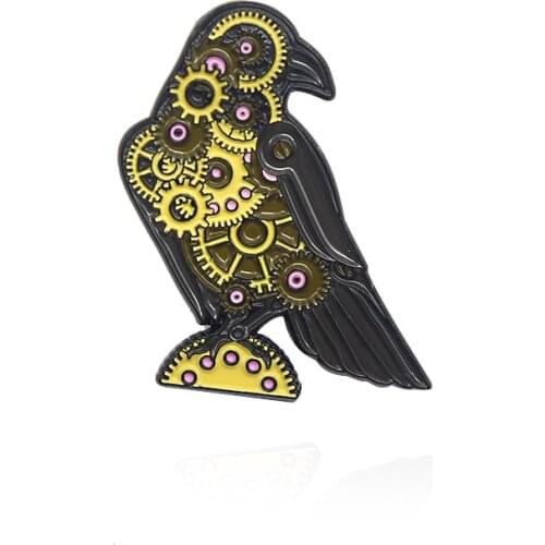 HOSENG Black Yellow Mechanical Gear Robot Bird Old Man Cartoon Brooch Fashion Punk Lapel Hat Enamel Jewelry Pin Gift HS_538
