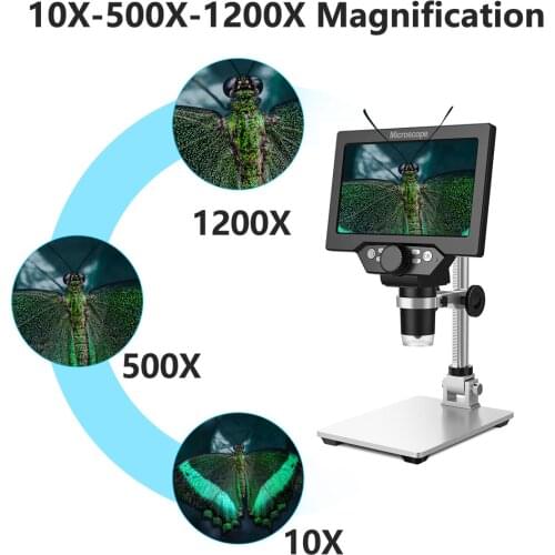 7 Inch LCD Digital Microscope with 64GB TF Card, 1200x Magnification, 12MP Ultra-Precise Focusing Camera 1080P Video Microscope