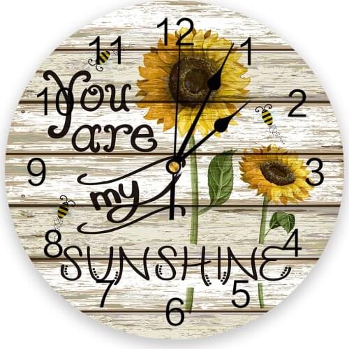 Idyllic Sunflower Bee Vintage Wooden Board Print Wall Clock Wall Art Silent Round Wall Watch for Home Decortaion Gift