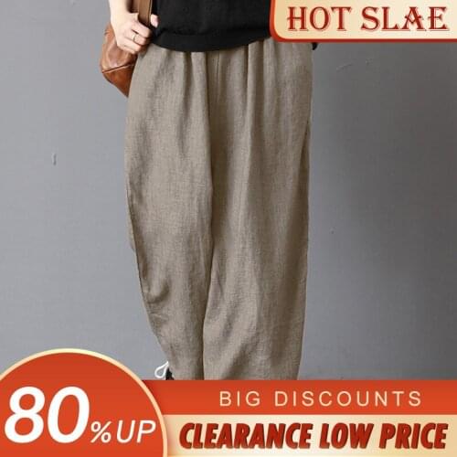 Cotton Linen Women Pants Wide Leg Casual Elastic High Waist Pants Plus Size Black Loose Trousers Female Streetwear 2021 Spring