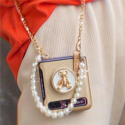 Classic Bear Cases For Samsung Z Flip F7070 F700 Leather Lanyard Bean Diagonal Fold Telephone Case Cover For Samsung Z flip 3