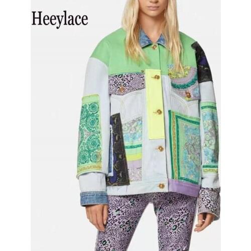 High quality women denim jacket coat Spring Summer vintage print patchwork streetwear loose contrasting jeans jackets autumn top