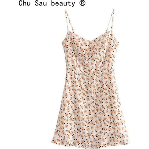 New Fashion Summer Streetwear Style Floral Printed Sling Mini Dress Women Sweet Chic Sleeveless Elastic Back Dresses Female