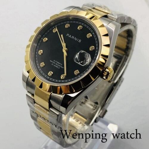 Parnis 39mm 2020 new mens top watch gold case sapphire crystal black dial date window 21 jewels Miyota movement automatic watch