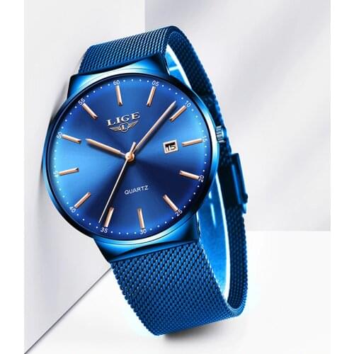 Mens Watches LIGE Top Brand Luxury Blue Waterproof Wrist Watches Ultra Thin Date Simple Casual Quartz Watch For Men Sports Clock