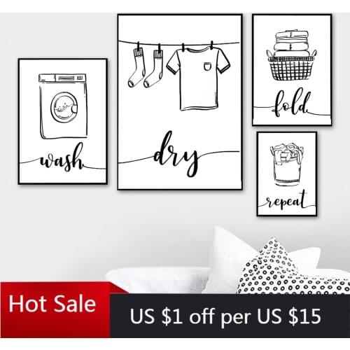 Wall Decor Art Print Canvas Painting Nordic Poster Wash Dry Fold Repeat Laundry Sign Black White Pictures Aesthetic Room Decor