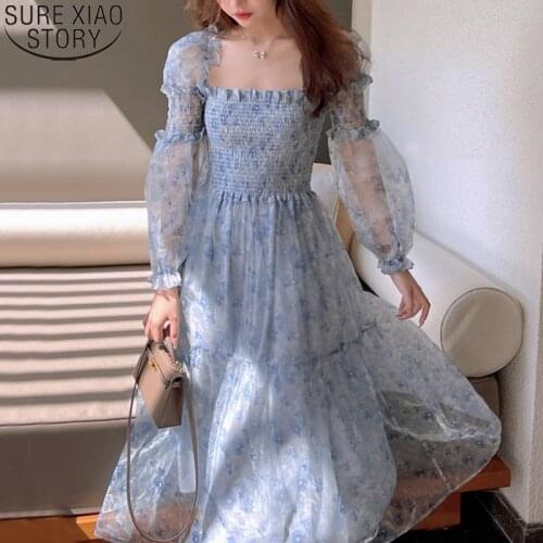New Summer Long Sleeve Mesh Dress Fashion Lantern Sleeve Beach Dress Square Collar Lace Floral Midi Long Dress Party Dress 14514