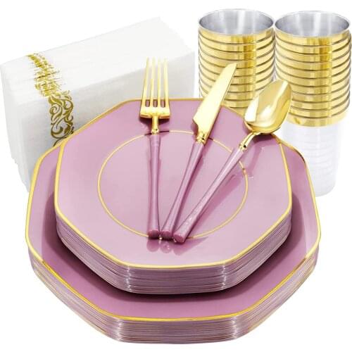 50PCS Disposable Dinner Plate and Disposable Silverware Set Pink Purple Blue Wedding Birthday Party Tableware Supplies