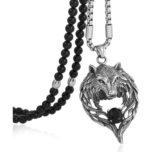 Black Natural Stone Bead Necklace Mens Titanium Steel Tribal Wolf Biker Pendant Necklace for Men Jewelry