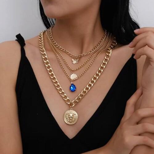 Punk Exaggerated Thick Chains Butterfly Blue Crystal Round Pendant Necklace Women Multilayer Geometric Chains Necklace Jewelry