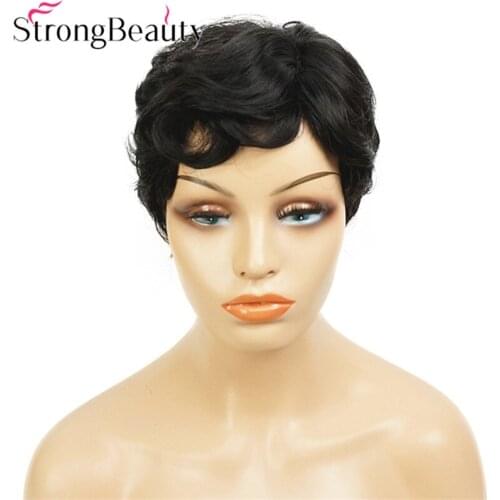 StrongBeauty Short Cut Curly Women Wig Natural Black Pixie Haircuts Full Synthetic Wig