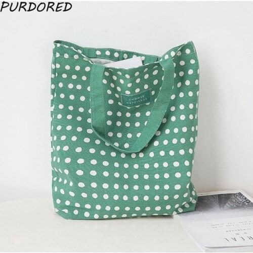 PURDORED 1 Pc Women Green Dot Large Shopping Bag Reusable Food Fruit Storage Bag Tote Travel Outing Shoulder Bag Handbag