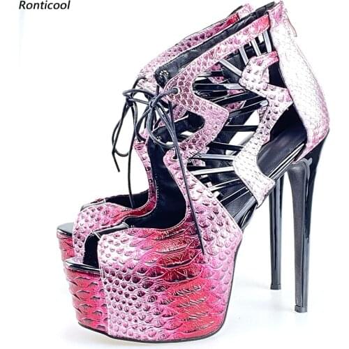 Ronticool Handmade Women Summer Platform Sandals Croc Pattern Sexy Stiletto Heels Peep Toe Fabulous Red Party Shoes US Size 5-20