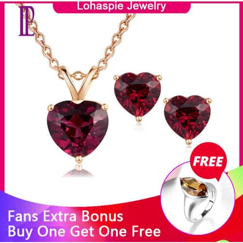 LP Solid 14K Rose Gold Natural Gemstone Rhodolite Garnet Stud Earrings & Pendant Bridal Set Jewelry Sets For Women NEW2019