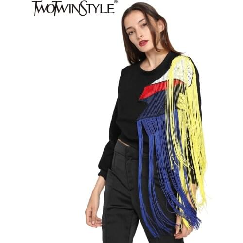 [TWOTWINSTYLE] 2020 Autumn Women Hoodies Sweatshirt Streetwear Rainbow Tassels Stitching Mesh Thickened Fleece Long Sleeves New