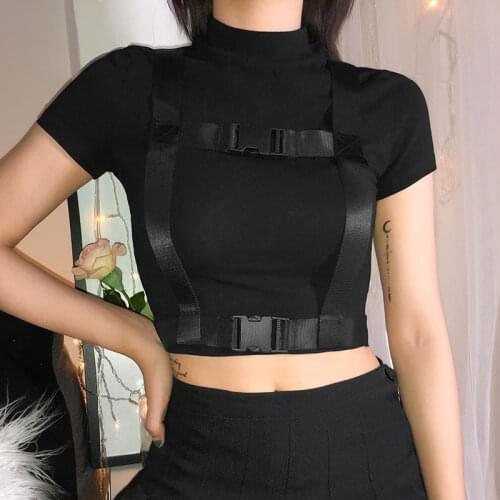 Black Techwear Women Gothic Sexy Basic Tshirt Short Sleeve y2k Tee Shirt Femme Summer Crop Tops with Buckle Ribbon Emo Clothes