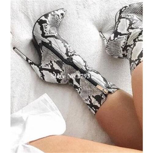 Women Sexy Pointed Toe Snake Pattern Leather Thin Heel Short Boots Zipper-up Slim Style High Heel Ankle Boots Club Dress Shoes