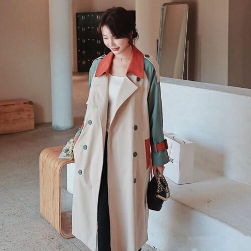 2021 Korean Spring Autumn Fashion Contrasting Color Patchwork Trench Coat Women Mid-length Plus Sashes Streetwear Female Fashion