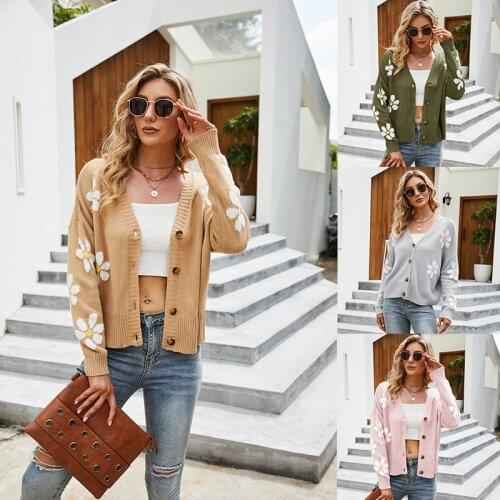 Autumn Floral Embroidered Casual Knitted Sweater Women Chic V Neck Long Sleeve Oversized Cardigan Cute Single Breasted Crop Top