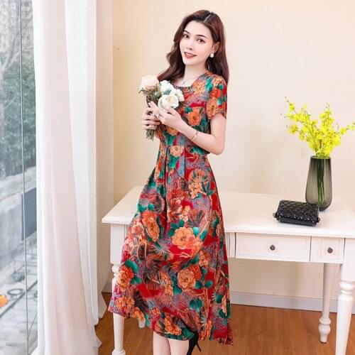 Loose Dresses For Women 2021 Summer Flower Print Short Sleeve Waist Split Dress Vintage Summer Dress