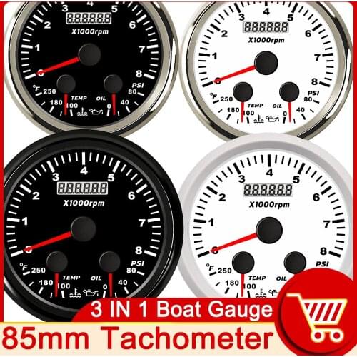 85mm 3 in 1 Multi-functional Gauge Tachometer Water Temp Oil Pressure PSI Fahrenheit For Car Boat Tacho RPM Meter Red Backlight
