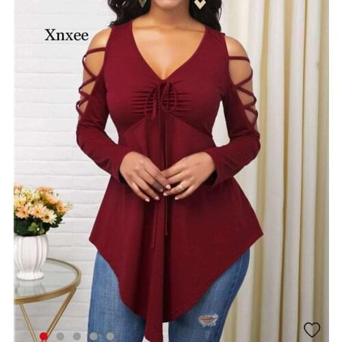 Irregular Womens Casual Bandage Blouses Hollow Solid Long Sleeved Bottom V-Neck Slim Sexy Strap Shirts Fashion Daily Clothes