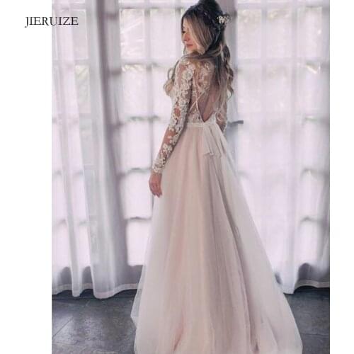 JIERUIZE White Vintage Lace Appliques Backless Boho Wedding Dresses Long Sleeves Bride Dresses Beach Wedding Gowns