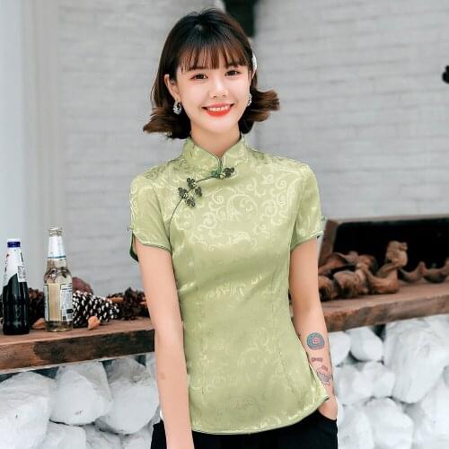 Female Blouse Mandarin Collar Slim Short Sleeve Shirt Chinese Vintage Women Cotton Tang Top Clothing Sexy Classic Exquisite Tops