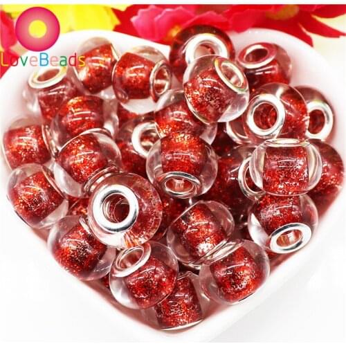 10Pcs Red Glass Beads Glitter Large Hole European Spacer Beads Fit Pandora Charm Bracelet Pendant Charms Necklace Women Jewelry