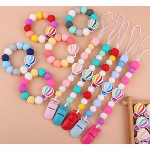 Silicone Crown Pacifier Chain Holder Hot Air Balloon Teething Beads Paci Holder Soothie Clips Teether Toy Baby Shower Gift