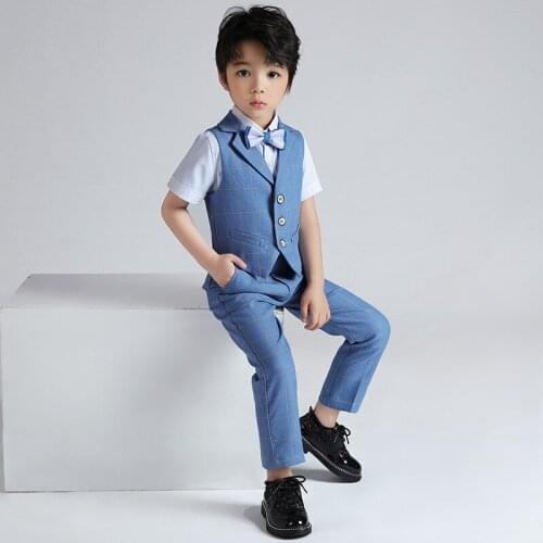 Children Wedding Suit For Boys Vest + Pants + Shirt 3Pcs Outfits New Spring Summer England Style Kids Formal Blazer Costume,F116