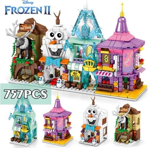 Disney 757PCS Frozen Olaf Elsa Shop Store Street View Building Blocks Bricks Movie Anime Cartoons Model Kid Toy Children Gift