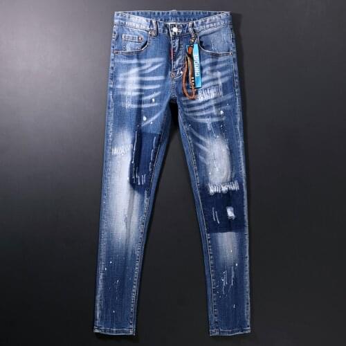 American Street Fashion Men Jeans Retro Blue Slim Fit Ripped Jeans Men Distressed Wash Destroyed Designer Hip Hop Denim Pants