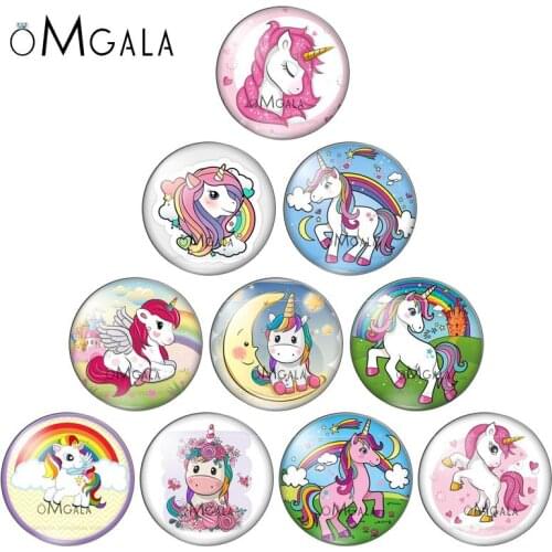 Unicorn girls Cartoon glass snap button DIY jewelry Round photo cabochons flat back Unicorn magic Dream