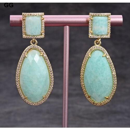GuaiGuai Jewelry Natural Faceted Amazonite Green Jades Druzy 18K Gold Color Plated CZ Dangle Stud Earrings For Women